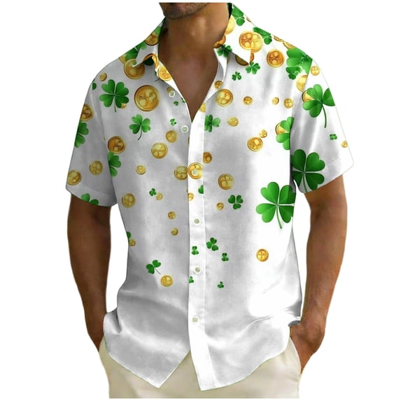 Men's St Patrick Shirts Lapel Short Sleeve Button Down Festival Print Loose Casual Stylish Holiday Shirt (M, White)