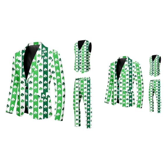 Men's St. Patrick's Day 3-Piece Suit Set with Green Clover Print, Button Closure, Classic Tailored Fit for Formal Events