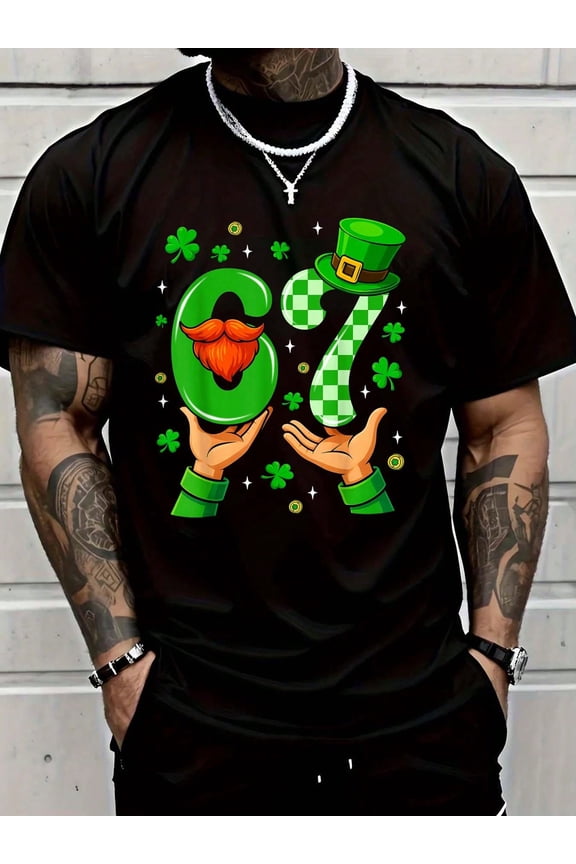 Men's St. Patrick's Day 67th Birthday T-Shirt Leprechaun Beard and Hat Graphic Tee Black