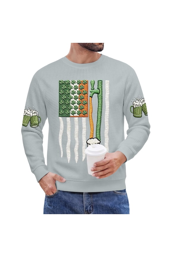 Men's St. Patrick's Day Beer Shamrock Flag Crew Neck Sweatshirt Long Sleeve Pullover