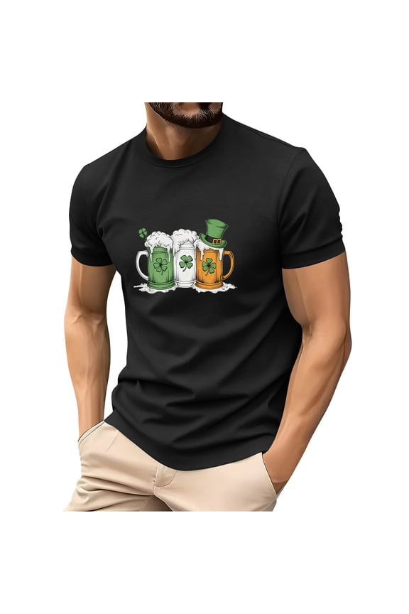 Men's St. Patrick's Day Beer Shamrock Print Crew Neck Short Sleeve T Shirt