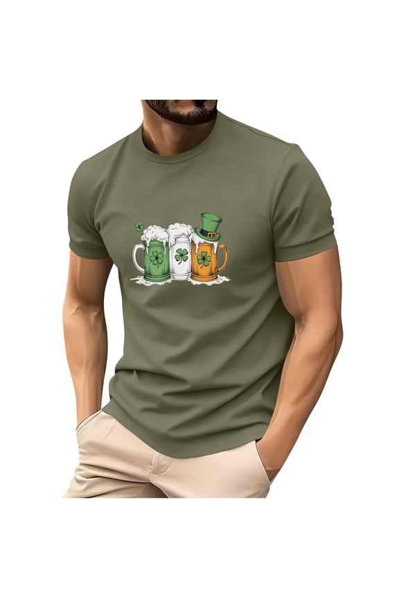 Men's St. Patrick's Day Beer Shamrock Print Crew Neck Short Sleeve T Shirt