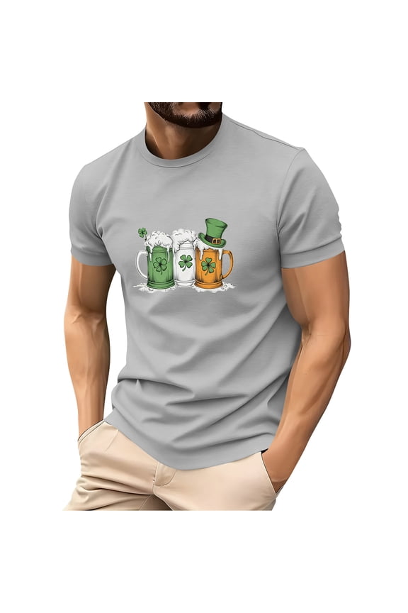 Men's St. Patrick's Day Beer Shamrock Print Crew Neck Short Sleeve T Shirt