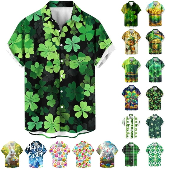 Men's St. Patrick's Day Button Down Shirt Irish Shamrock Printed Short Sleeve Button Down Hawaiian Shirt