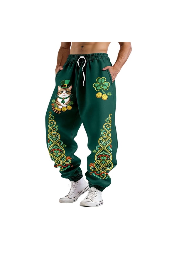 Men's St. Patrick's Day Clover Color Block Diamond Pattern Baggy Casual Pants Dark Green XL