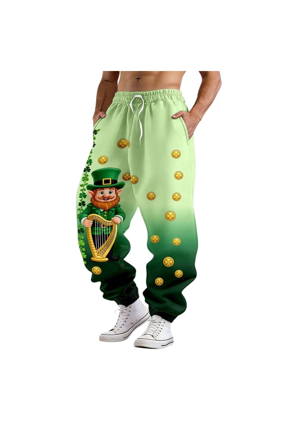 Men's St. Patrick's Day Clover Pattern Baggy Casual Pants Light Green XXL