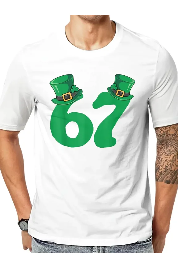 Men's St. Patrick's Day Graphic T-Shirt - Lucky Number 67 Green Leprechaun Hat Design - Festive Short Sleeve Tee