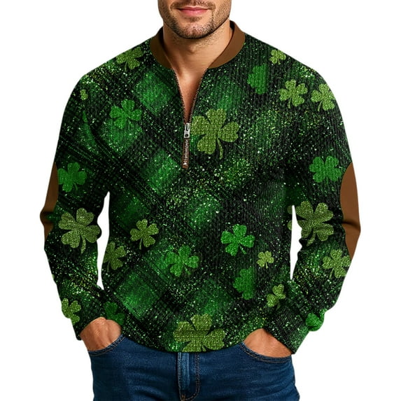 Men's St Patrick's Day Half Zip Sweatshirt Long Sleeve Clover Graphic Pullover