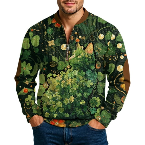 Men's St Patrick's Day Half Zip Sweatshirt Long Sleeve Clover Graphic Pullover