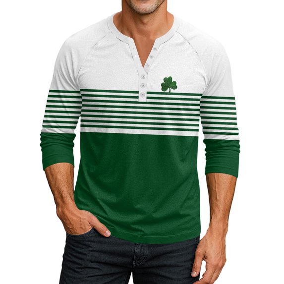 Men's St. Patrick's Day Henley Shirt Long Sleeve Clover Print Casual Pullover Top