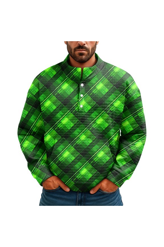 Men's St Patrick's Day Henley Sweatshirt Long Sleeve Pullover Clover Graphic Top