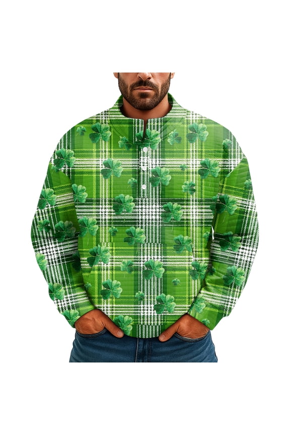 Men's St Patrick's Day Henley Sweatshirt Long Sleeve Pullover Clover Graphic Top