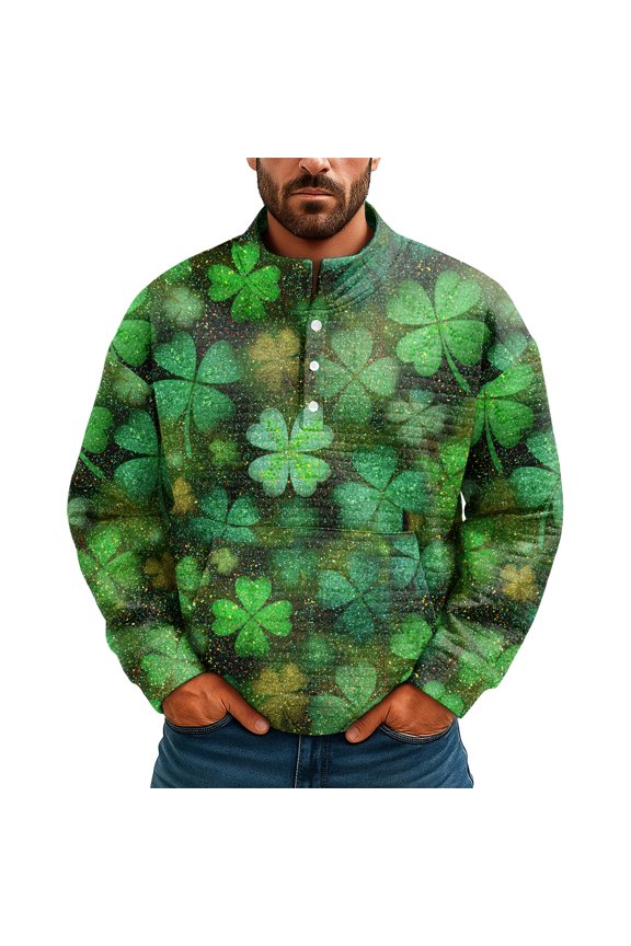 Men's St Patrick's Day Henley Sweatshirt Long Sleeve Pullover Clover Print Top