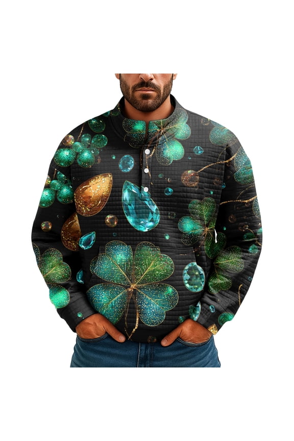Men's St Patrick's Day Henley Sweatshirt Long Sleeve Pullover Clover Print Top