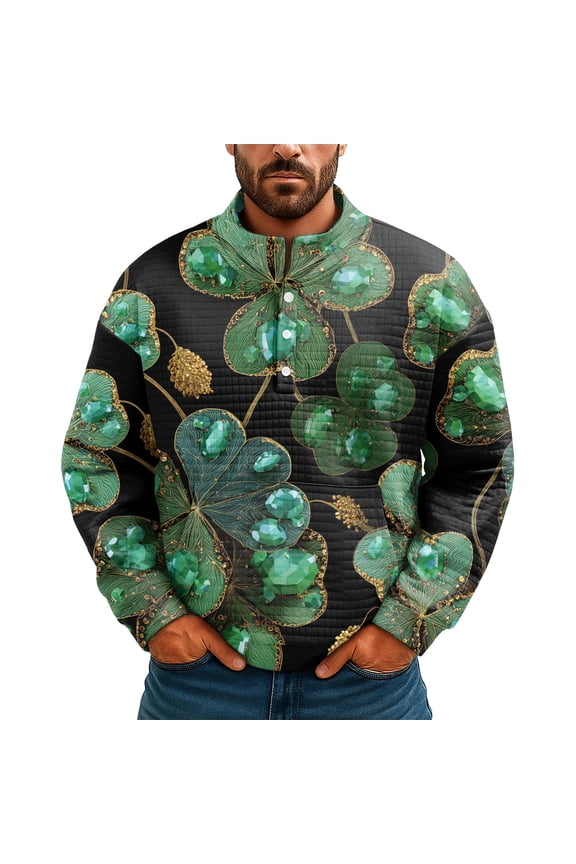 Men's St Patrick's Day Henley Sweatshirt Long Sleeve Pullover Clover Print Top