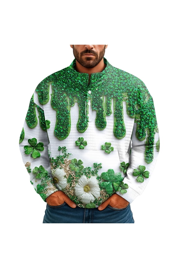 Men's St Patrick's Day Henley Sweatshirt Long Sleeve Pullover Clover Print Top