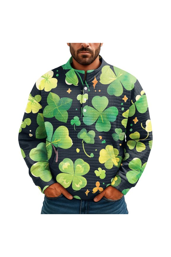 Men's St Patrick's Day Henley Sweatshirt Long Sleeve Pullover Clover Print Top