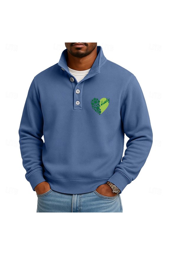 Men's St. Patrick's Day Henley Sweatshirt Lucky Shamrock Heart Print Long Sleeve Pullover