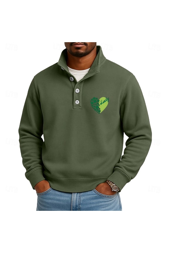 Men's St. Patrick's Day Henley Sweatshirt Lucky Shamrock Heart Print Long Sleeve Pullover
