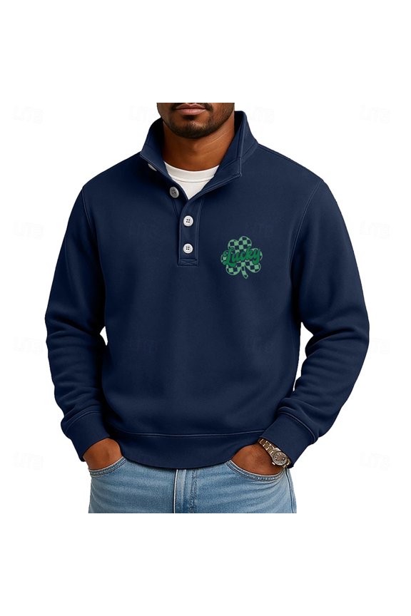 Men's St. Patrick's Day Henley Sweatshirt Lucky Shamrock Print Long Sleeve Pullover