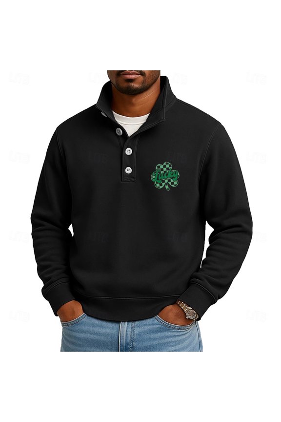 Men's St. Patrick's Day Henley Sweatshirt Lucky Shamrock Print Long Sleeve Pullover