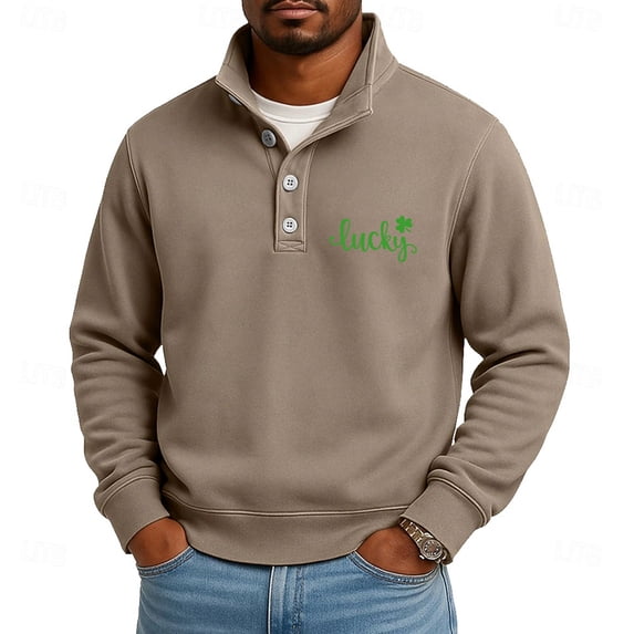 Men's St. Patrick's Day Henley Sweatshirt Lucky Shamrock Print Long Sleeve Pullover