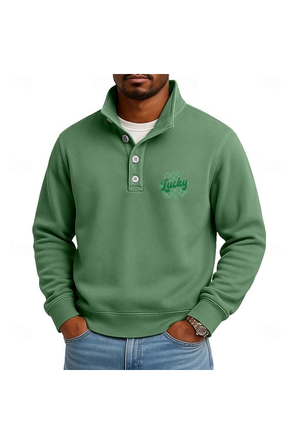 Men's St. Patrick's Day Henley Sweatshirt Lucky Shamrock Print Long Sleeve Pullover
