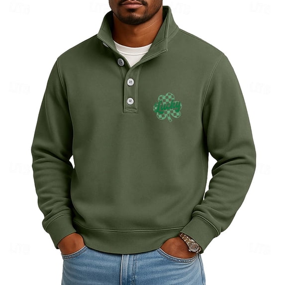 Men's St. Patrick's Day Henley Sweatshirt Lucky Shamrock Print Long Sleeve Pullover