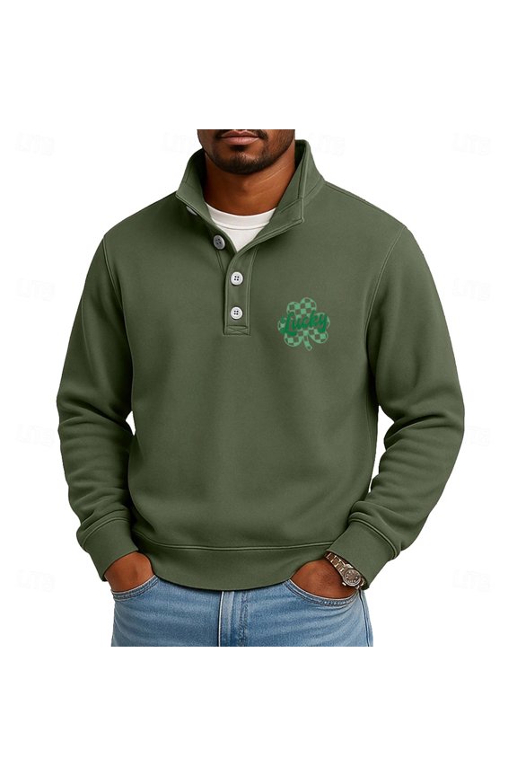 Men's St. Patrick's Day Henley Sweatshirt Lucky Shamrock Print Long Sleeve Pullover