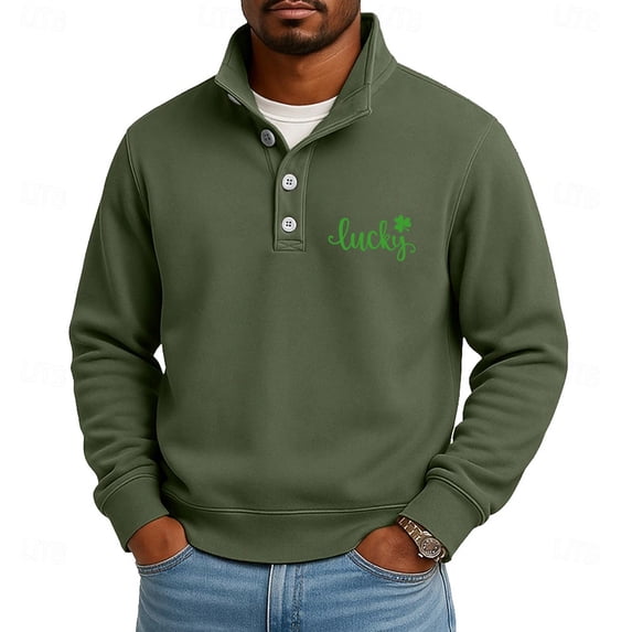 Men's St. Patrick's Day Henley Sweatshirt Lucky Shamrock Print Long Sleeve Pullover