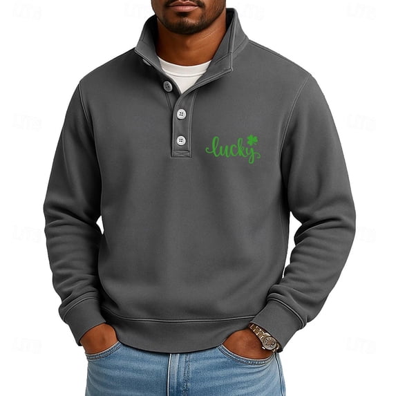 Men's St. Patrick's Day Henley Sweatshirt Lucky Shamrock Print Long Sleeve Pullover