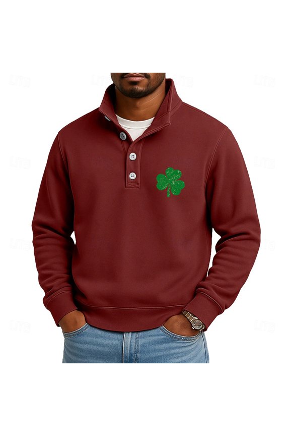 Men's St. Patrick's Day Henley Sweatshirt Shamrock Print Long Sleeve Pullover