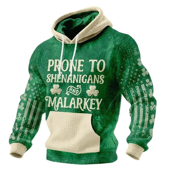 Men's St. Patrick's Day Hoodie Shamrock Shenanigans Print Pullover Long Sleeve Sweatshirt