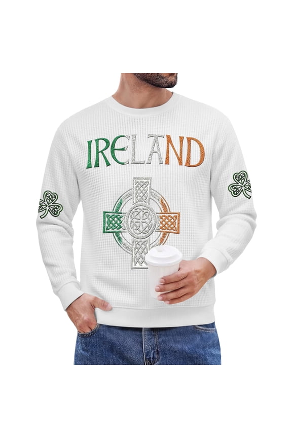 Men's St. Patrick's Day Ireland Crew Neck Long Sleeve Pullover Sweatshirt Casual Celtic Cross Top