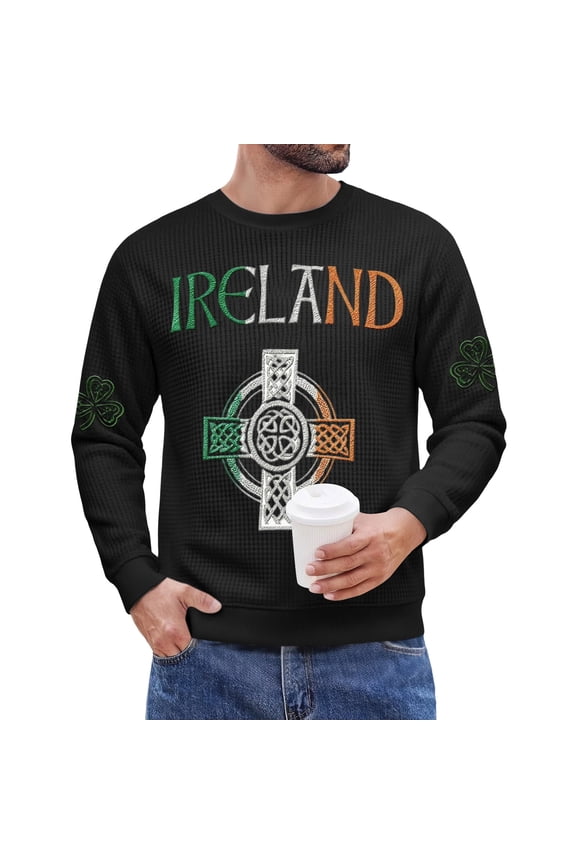 Men's St. Patrick's Day Ireland Crew Neck Long Sleeve Pullover Sweatshirt Casual Celtic Cross Top