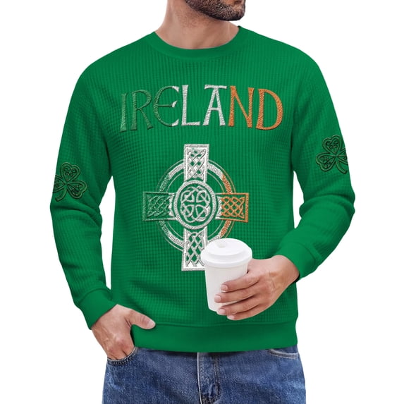 Men's St. Patrick's Day Ireland Crew Neck Long Sleeve Pullover Sweatshirt Casual Celtic Cross Top