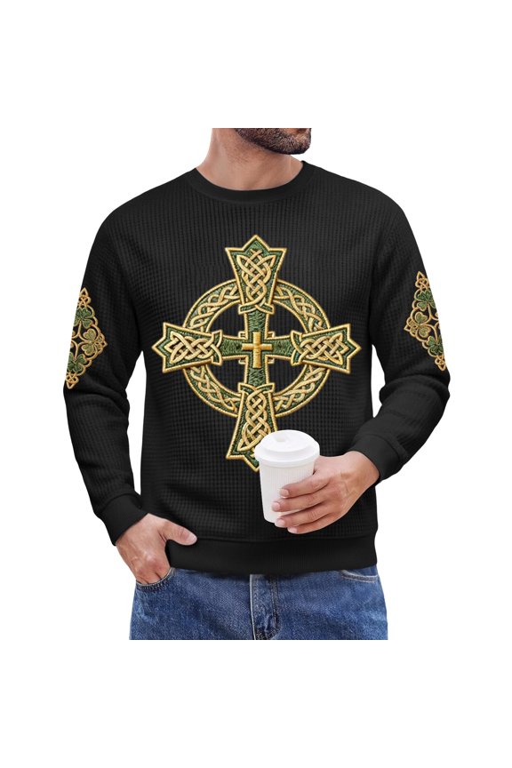 Men's St. Patrick's Day Irish Celtic Cross Crew Neck Long Sleeve Pullover Sweatshirt Casual Top
