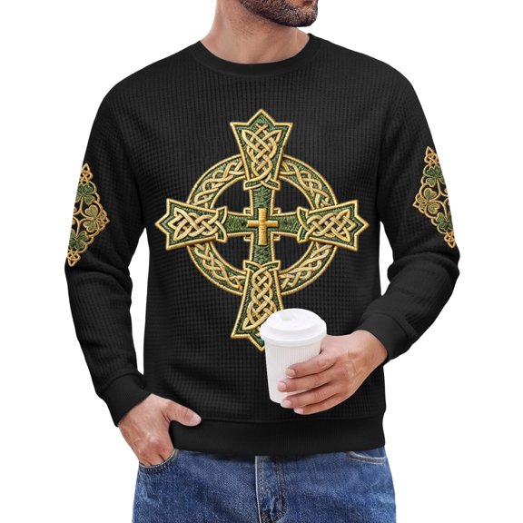 Men's St. Patrick's Day Irish Celtic Cross Crew Neck Long Sleeve Pullover Sweatshirt Casual Top