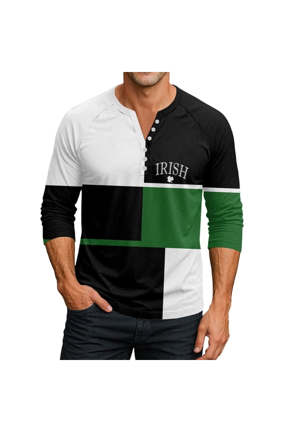 Men's St. Patrick's Day Irish Henley Shirt 3/4 Sleeve Color Block Clover Top