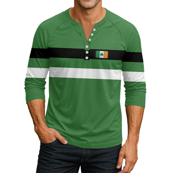 Men's St. Patrick's Day Irish Henley Shirt 3/4 Sleeve Color Block Clover Top