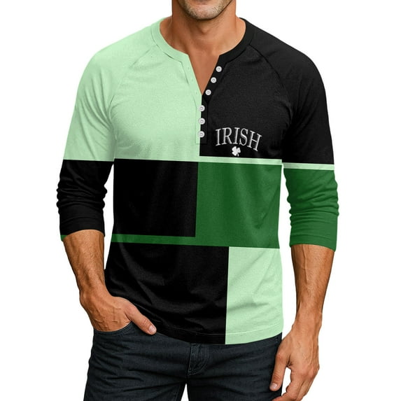 Men's St. Patrick's Day Irish Henley Shirt 3/4 Sleeve Color Block Clover Top