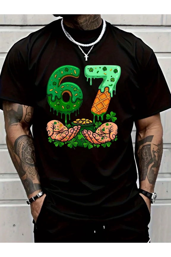 Men's St. Patrick's Day Lucky 67 Graphic T-Shirt, Green Shamrock Pot of Gold Short Sleeve Tee