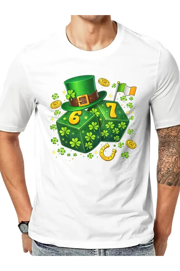 Men's St. Patrick's Day Lucky Dice Graphic T-Shirt, Shamrock Leprechaun Hat Short Sleeve Tee, White