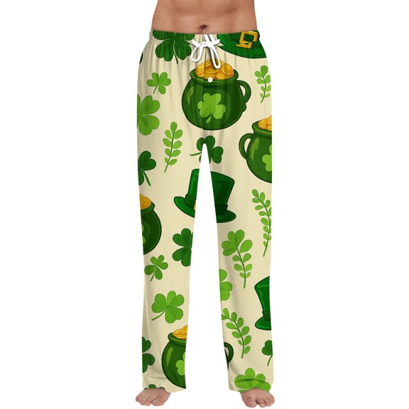 Men's St Patrick's Day Pants Casual Comfortable Drawstring Lounge Pants with Print Full Length Soft Polyester Spring Summer Wear 2026 Fluorescent Green S