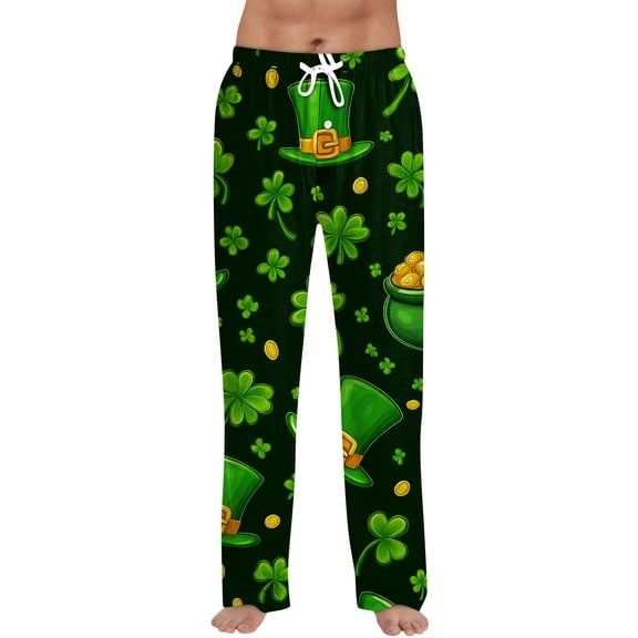 Men's St Patrick's Day Pants Casual Comfortable Drawstring Lounge Pants with Print Full Length Soft Polyester Spring Summer Wear 2026 Dark Green S