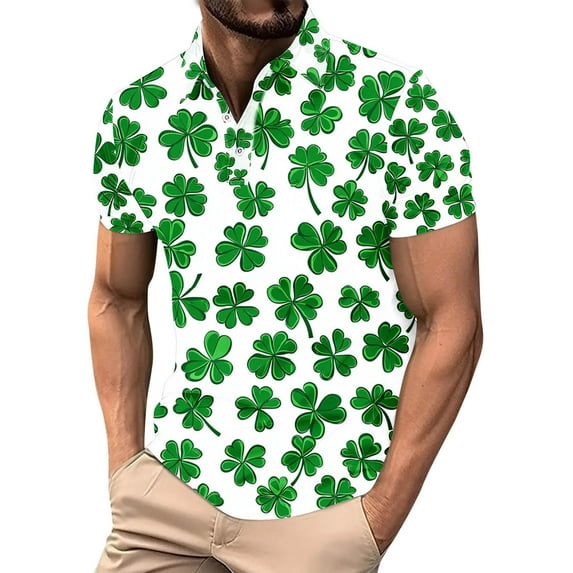 Men's St. Patrick's Day Polo Shirt Slim Fit Collared Button Short Sleeve Pullover Clover Print Shirts