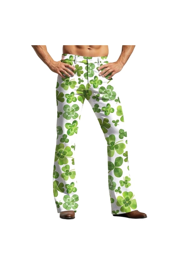 Men's St. Patrick's Day Print Flared Pants With Clover Pattern Baggy Casual Trousers Green S