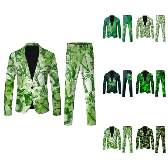 Men's St. Patrick's Day Printed Lapel Button Suit with Pants, Jacket & Tie - Shamrock Green Party