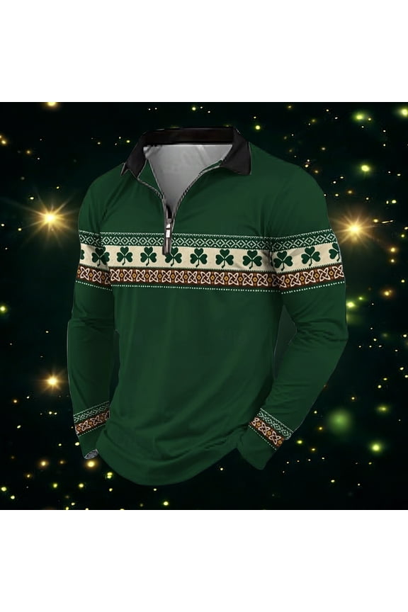 Men's St. Patrick's Day Quarter Zip Polo Shirts Clover Celtic Knot Print Long Sleeve Tops for Irish Festival Celebrations