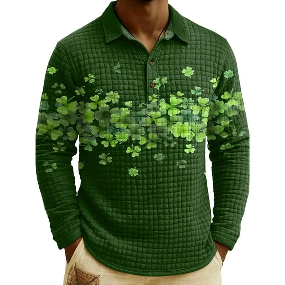 Men's St. Patrick's Day Shamrock Henley Long Sleeve Pullover Casual Top Shirt